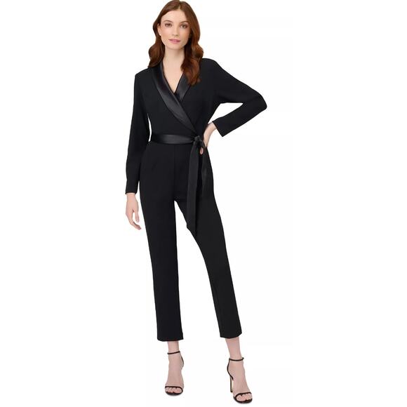 ADRIANNA PAPELL | Tuxedo Jumpsuit Satin Lapels Black Size 14 - Picture 1 of 7